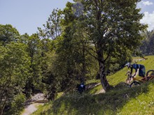 Mountainbiker auf Trail am grünen Hang, Naturresort Puradies in Leogang