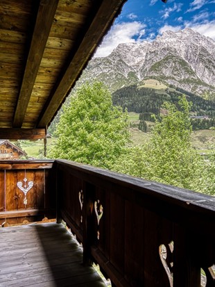 Balcony with Mountain View at the Private Spa Chalet Deluxe at Naturresort Puradies Balcony with mountain view at the Private Spa Chalet Deluxe at Naturresort Puradies
