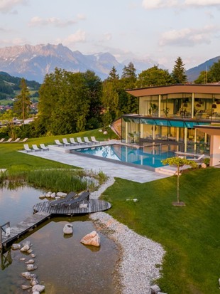 Aerial View of Heaven Spa with Pool and Natural Swimming Pond in Summer – Naturresort Puradies, Leogang, Salzburger Land Aerial view of Heaven Spa with pool and Natural Swimming Pond, Puradies Leogang