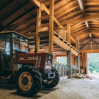 Traktor und Scheune am Embachhof des Naturresort Puradies in Leogang Traktor in der Scheune am Embachhof im Naturresort Puradies Leogang