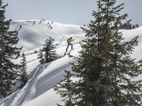 Skitourengeher im Aufstieg über verschneiten Bergrücken – Naturresort Puradies, Leogang, Salzburger Land Skitourengeher im Aufstieg über Bergrücken, Naturresort Puradies