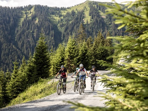 Mountainbiker auf Schotterweg vor bewaldeten Bergen – Naturresort Puradies, Leogang, Salzburger Land Mountainbiker auf Schotterweg vor Bergwäldern, Naturresort Puradies in Leogang