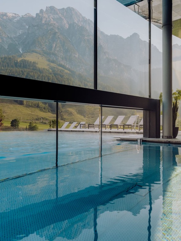 Pool at Heaven Spa with Seamless Transition and Mountain Panorama – Naturresort Puradies, Leogang, Salzburger Land | credit - creating click Pool at Heaven Spa with mountain panorama, Puradies Leogang